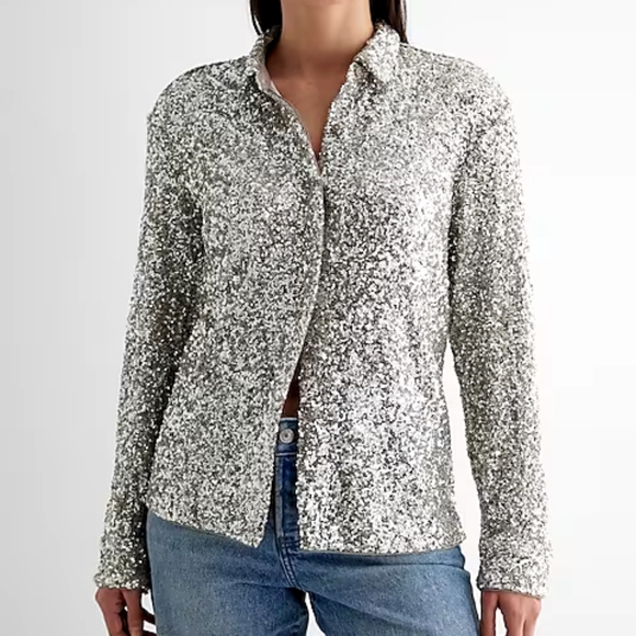 Express Tops - Express Silver Sequin button up blouse